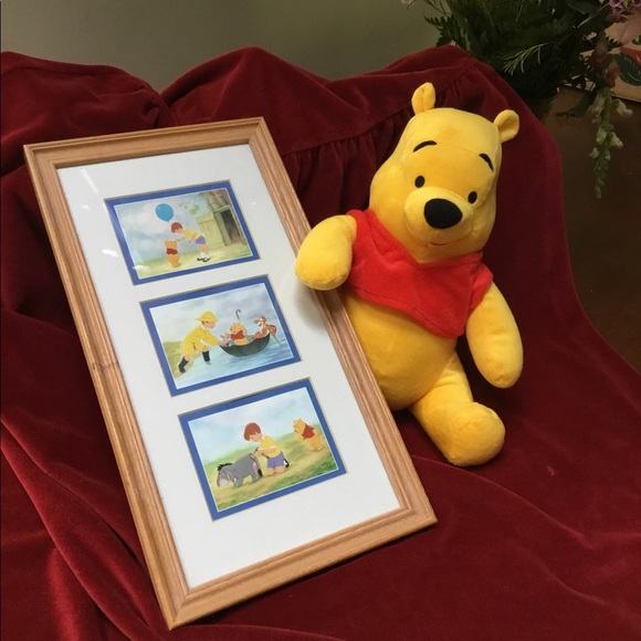 12”Plush Winnie the Pooh, and Disney framed pictures. Sold together as a group. - Picture 1 of 13